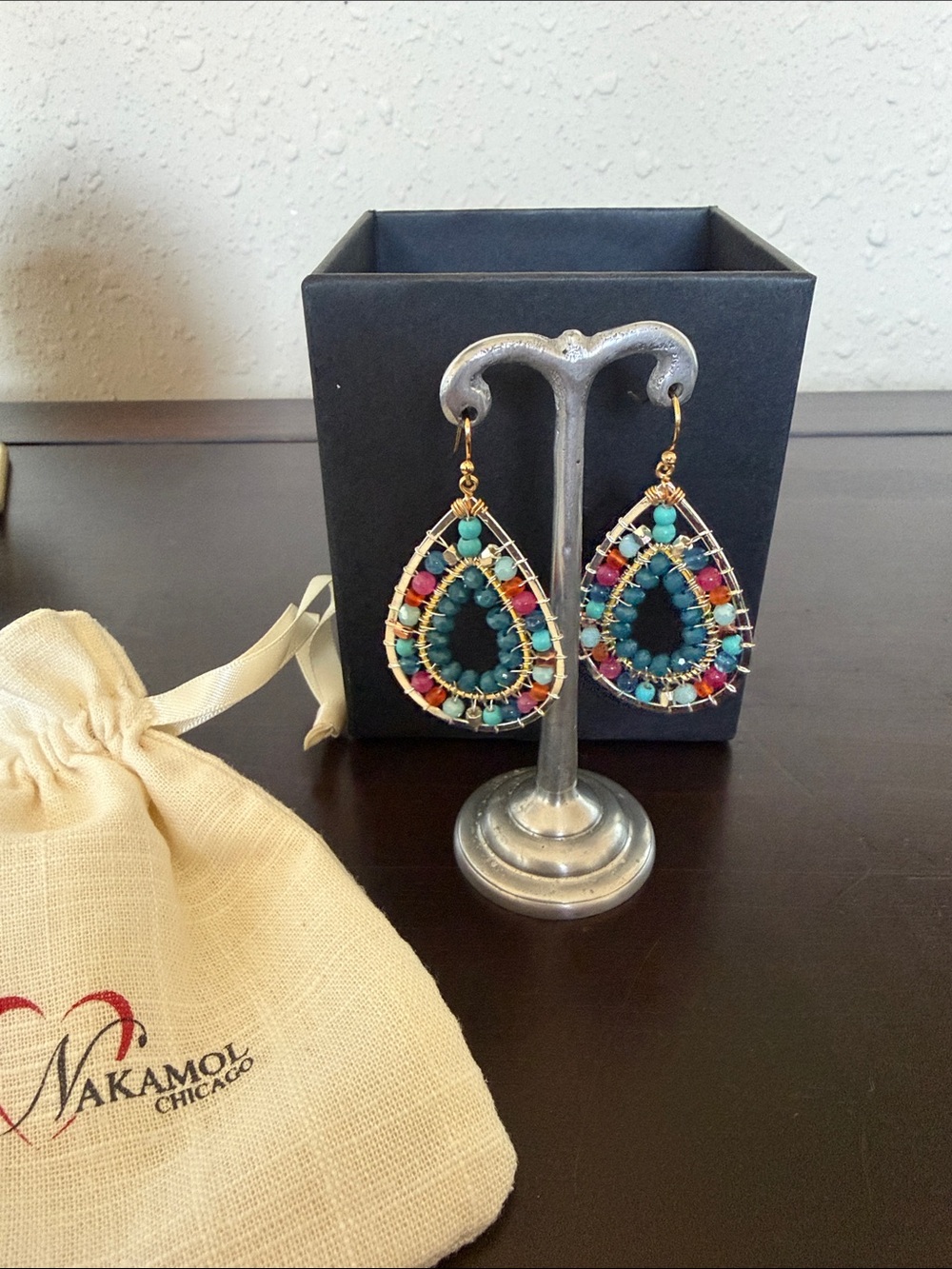 Nakamol Gold Teardrop Earrings with Turquoise, Pink & Blue Beads